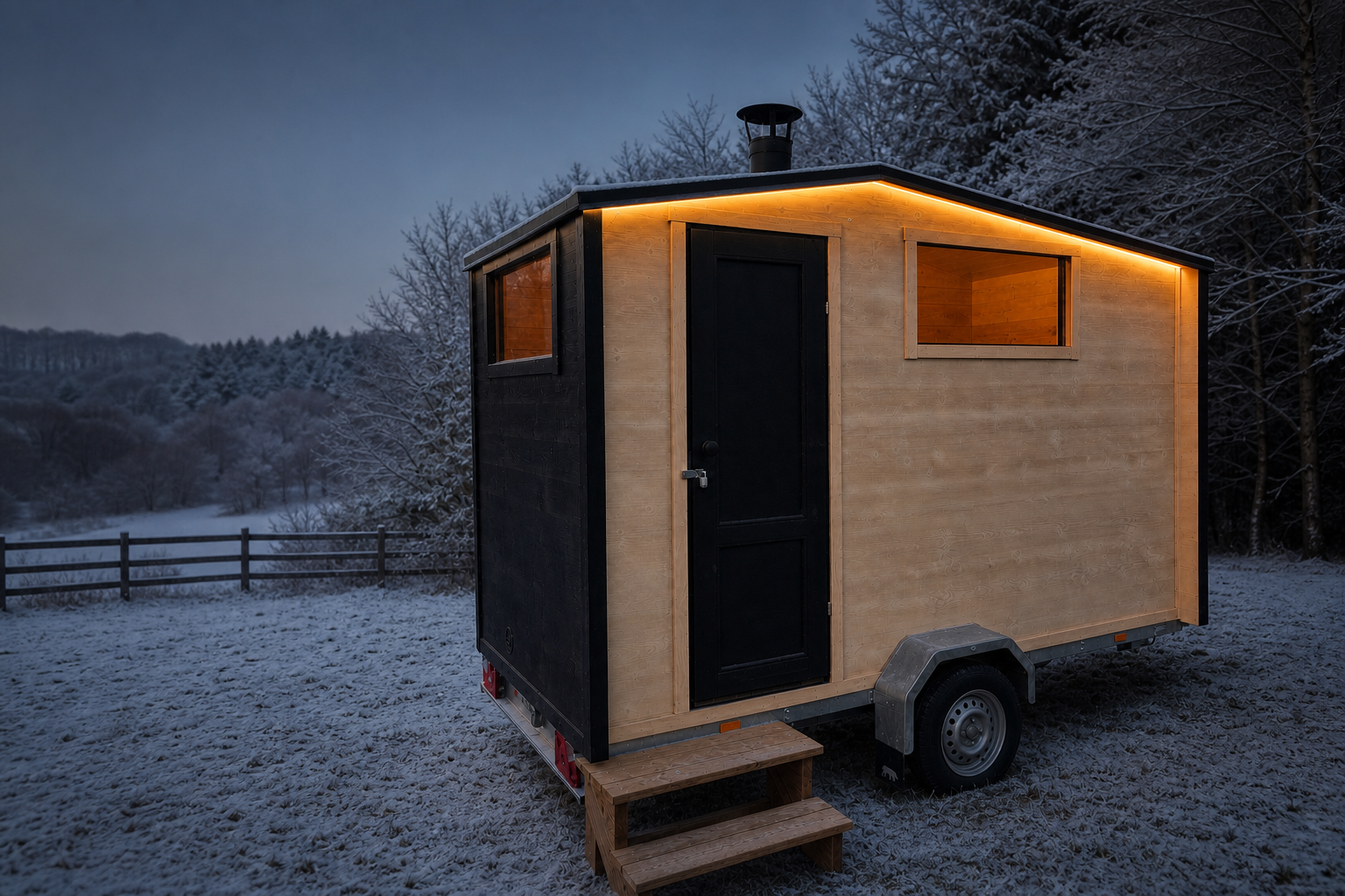 Proper Finnish Sauna carousel - winter retreat Lapland Mobile Sauna glowing warmly in a private winter setting