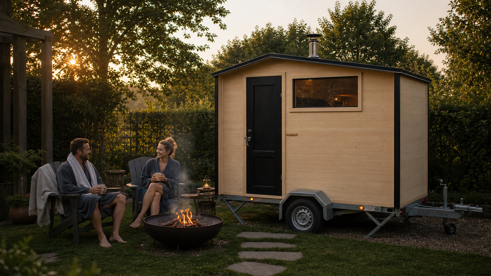 Couple enjoying Lapland Mobile Sauna in a private garden