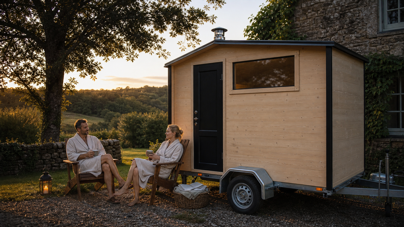 Couple using Lapland Mobile Sauna at a rural holiday stay