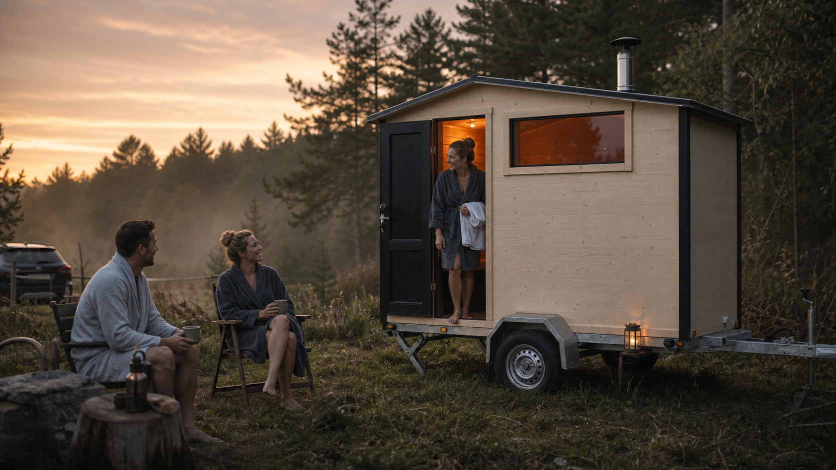 Friends using Lapland Mobile Sauna on private permissioned land