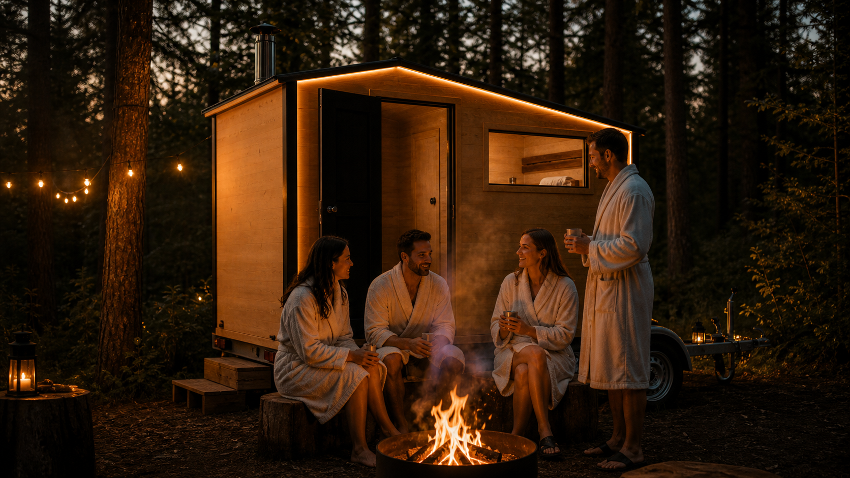 Couple enjoying Lapland Mobile Sauna in a winter private stay