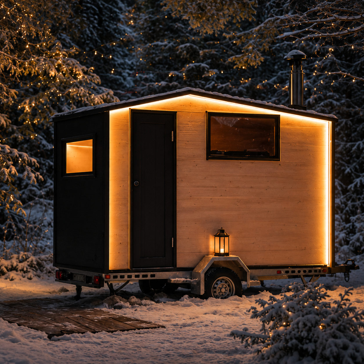 Proper Finnish Sauna carousel - winter venue mood image AI seasonal image of the mobile sauna glowing in a winter setting