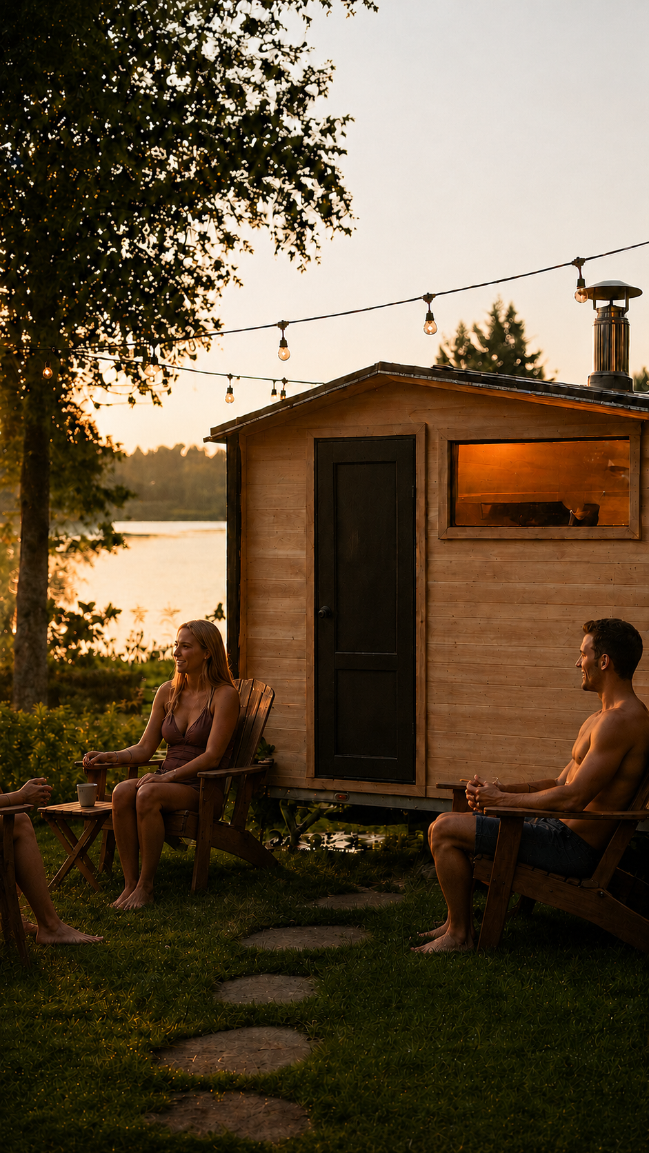 Proper Finnish Sauna carousel - weekend retreat mood image AI lifestyle image of the mobile sauna at a weekend retreat